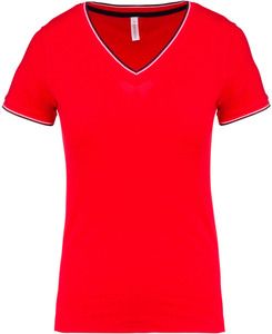 Kariban K394 - Ladies’ piqué knit V-neck T-shirt Red/ Navy/ White